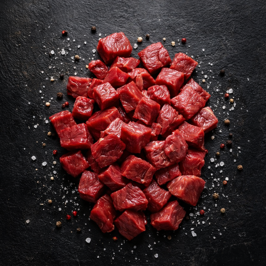 مكعبات لحم عجل كويتي صافي من غير عظم سريعة التحضير ( نص كيلو )