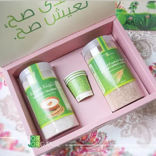 صندوق  السعادة (قهوة الشعير العضوي + التلبينة العضوية + 2 كوب في علبة هدايا لك Nour Foods