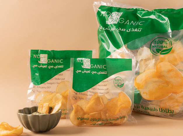 بطاطا طبيعية بزيت الزيتون العضوي بالملح البحري  بأكياس صديقة للبيئة قابلة للتحلل Nour Foods