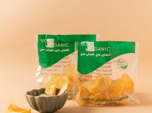 بطاطا طبيعية بزيت الزيتون العضوي بالملح البحري  بأكياس صديقة للبيئة قابلة للتحلل Nour Foods